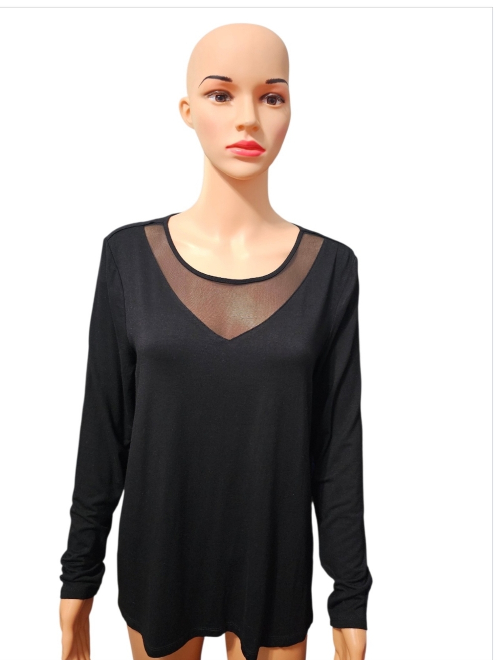 Tahari Women's Sheer Mesh V-Neck High-Low Long Sleeve Black Sophisticated Top M